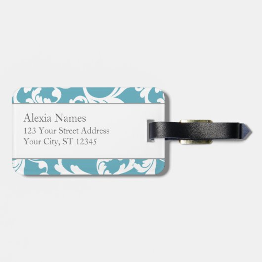 Ocean Blue Monogrammed Damask Print Bagagelabel (Achterkant horizontaal)
