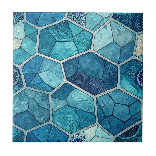 Ocean Blue Mosaic Pattern – Irregular Polygon Tegeltje (Voorkant)
