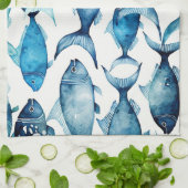Ocean Blue Navy Fish | Seaside Coastal Home Decor Theedoek (Gevouwen)