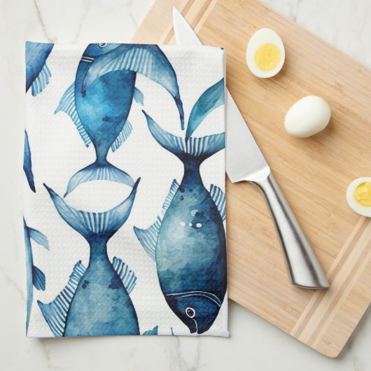 Ocean Blue Navy Fish | Seaside Coastal Home Decor Theedoek (Quarter Fold)
