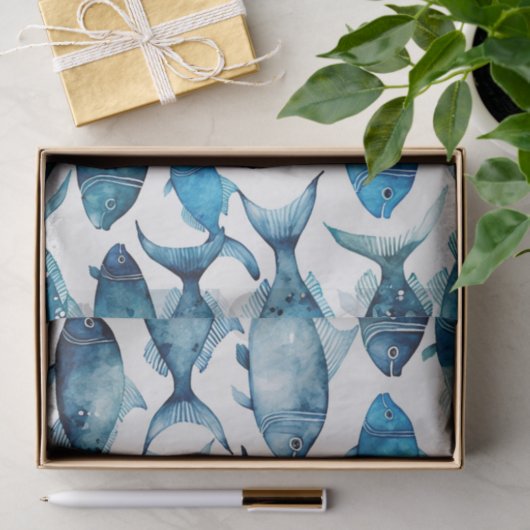 Ocean Blue Navy Fish | Verjaardagscadeauverpakking Tissuepapier (Geschenk)