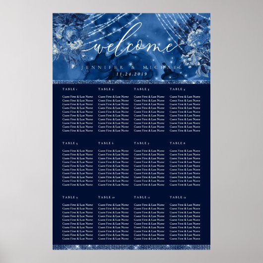 Ocean Blue Navy Floral Table Plan Seating Poster (Voorkant)