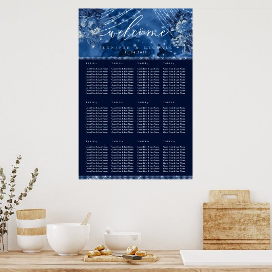 Ocean Blue Navy Floral Table Plan Sezing Poster (Keuken)