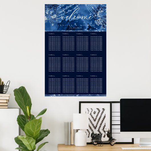 Ocean Blue Navy Floral Table Plan Sezing Poster (Thuiskantoor)