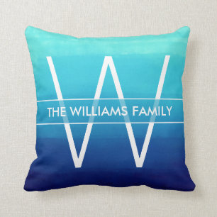 Ocean Blue Ombre Familienaam & Monogram Kussen