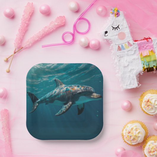 Ocean Blue Onderwater Dolfijn Portret Papieren Bordje (Feest)