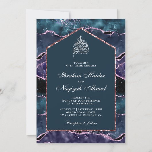 Ocean Blue Paars Agate Marble Arch Muslim Wedding Kaart (Voorkant)