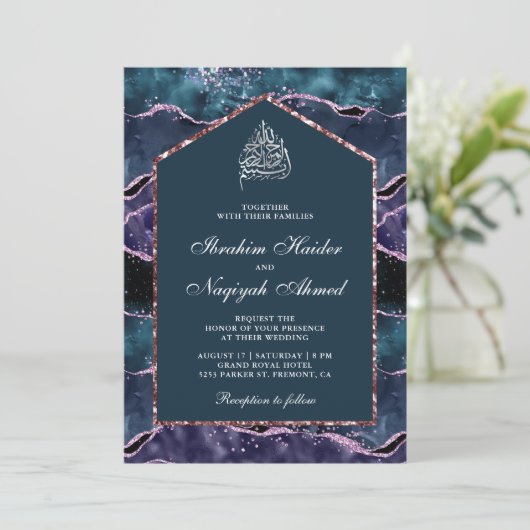 Ocean Blue Paars Agate Marble Arch Muslim Wedding Kaart (Staand voorkant)