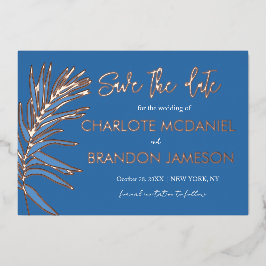 Ocean Blue Palm Leaf Bruiloft Save The Date Folie Uitnodiging