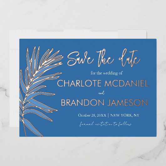 Ocean Blue Palm Leaf Bruiloft Save The Date Folie Uitnodiging (Envelop)