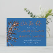 Ocean Blue Palm Leaf Bruiloft Save The Date Folie Uitnodiging (Staand Voorkant)