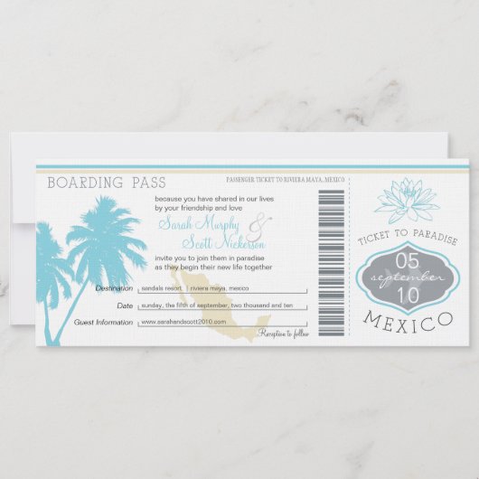 Ocean Blue Palm Tree Mexico Wedding Boarding Pass Kaart (Voorkant)