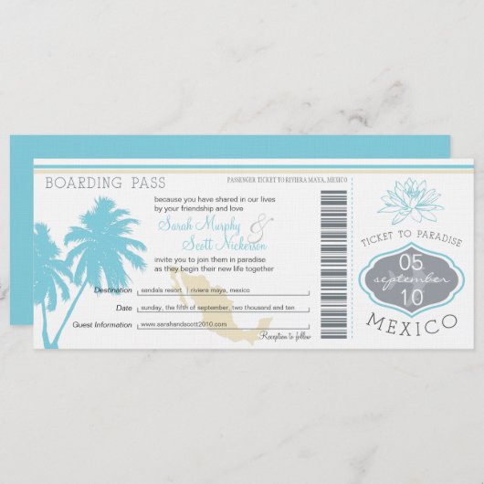 Ocean Blue Palm Tree Mexico Wedding Boarding Pass Kaart (Voorkant / Achterkant)