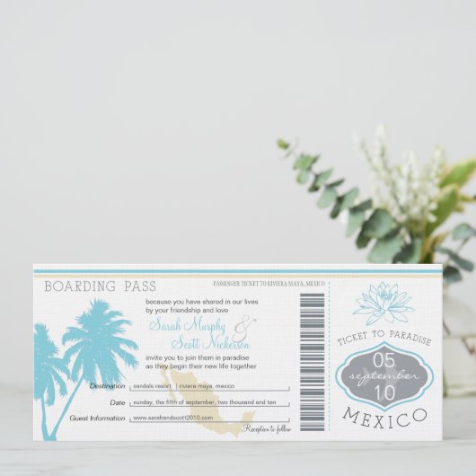 Ocean Blue Palm Tree Mexico Wedding Boarding Pass Kaart (Staand voorkant)