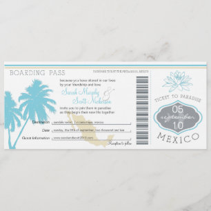 Ocean Blue Palm Tree Mexico Wedding Boarding Pass Kaart