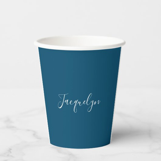 Ocean Blue Plain Elegante moderne kalligrafie naam Papieren Bekers (Voorkant)