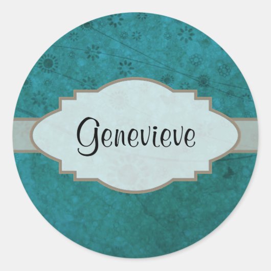 Ocean Blue Retro Floral Abstracte naamplaat Ronde Sticker (Voorkant)