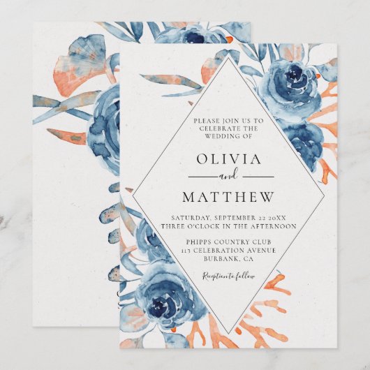 Ocean Blue Roos Coral Destination Wedding Kaart (Voorkant / Achterkant)
