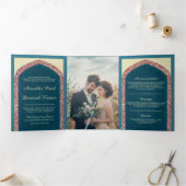 Ocean Blue Roos Gouden Glitter Indische bruiloft Drieluik Uitnodiging (Binnen)