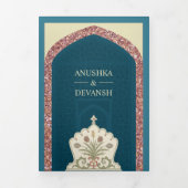 Ocean Blue Roos Gouden Glitter Indische bruiloft Drieluik Uitnodiging (Cover)