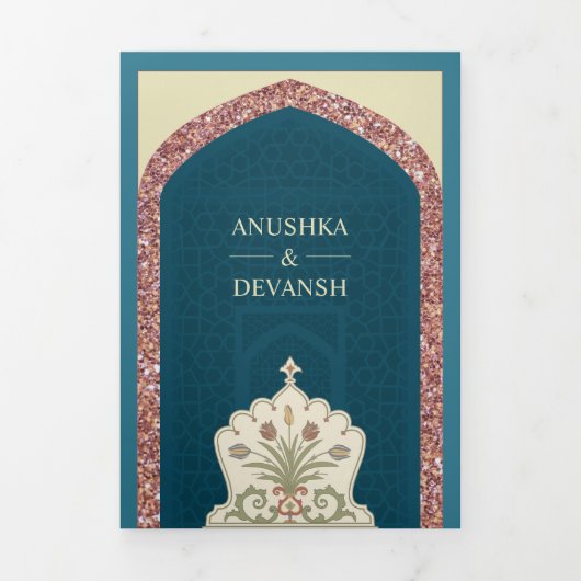 Ocean Blue Roos Gouden Glitter Indische bruiloft Drieluik Uitnodiging (Cover)