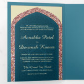 Ocean Blue Roos Gouden Glitter Indische bruiloft Drieluik Uitnodiging (Binnenzijde eerst)