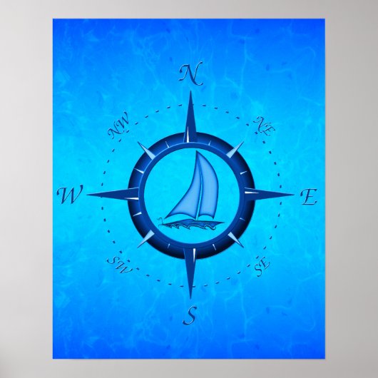 Ocean Blue Sailboat and Compass Roos Poster (Voorkant)