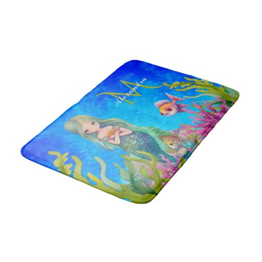 Ocean Blue Schattige Monogram Naam Zeemeermin Badm Badmat (Gekanteld)