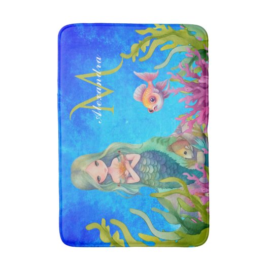 Ocean Blue Schattige Monogram Naam Zeemeermin Badm Badmat (Voorkant Verticaal)