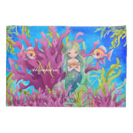 Ocean Blue Schattige Monogram Naam Zeemeermin Kussensloop