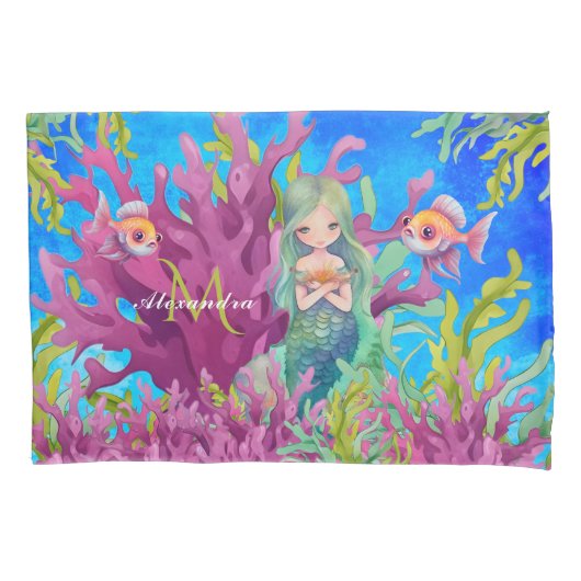 Ocean Blue Schattige Monogram Naam Zeemeermin Kussensloop (Voorkant)