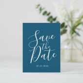 Ocean Blue Script Save the Date Wedding Briefkaart (Staand voorkant)