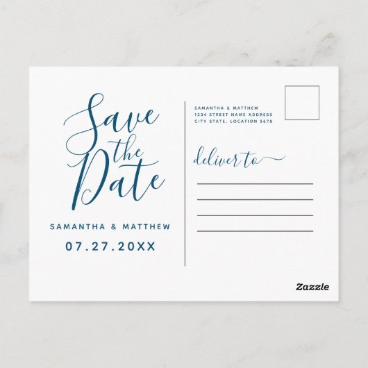 Ocean Blue Script Save the Date Wedding Briefkaart (Achterkant)