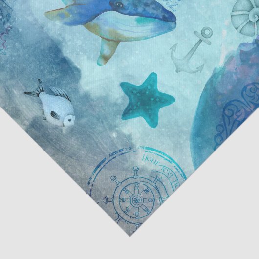 Ocean Blue Seascape met walvissen Tissuepapier (Detail)
