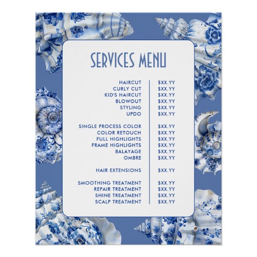 Ocean Blue Seashells Services Menu Perfect Poster (Voorkant)
