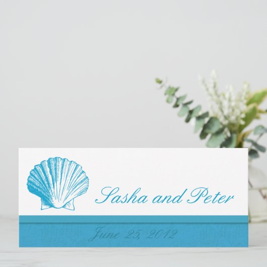 Ocean Blue Shell Beach Wedding Invitations Kaart (Staand voorkant)