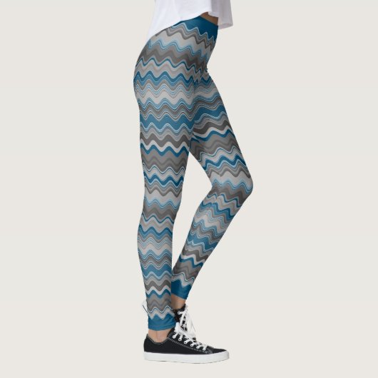 Ocean Blue Silver Grey Wavy Zigzag Pattern Leggings (Rechts)