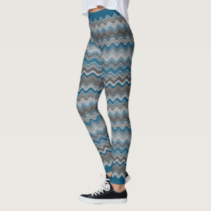 Ocean Blue Silver Grey Wavy Zigzag Pattern Leggings