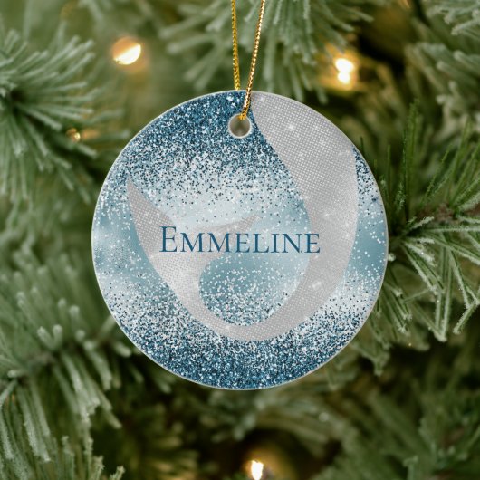 Ocean Blue Silver Mermaid Sparkle Glitter Keramisch Ornament (Boom)