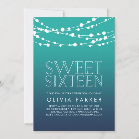 Ocean Blue String Lights Sweet Sixteen Uitnodiging (Voorkant)
