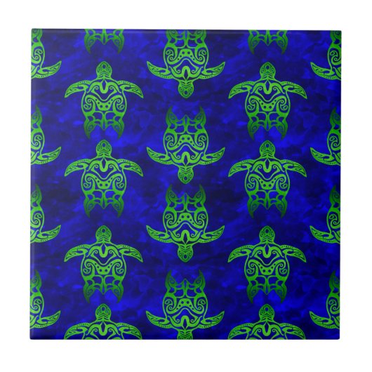 Ocean Blue Tribal Green Sea Turtles Tegeltje (Voorkant)