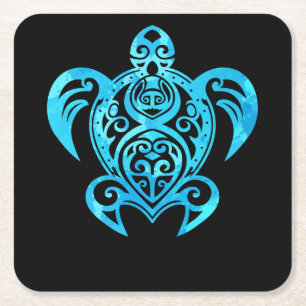 Ocean Blue Tribal Hawaiian Zee Turtle Kartonnen Onderzetters