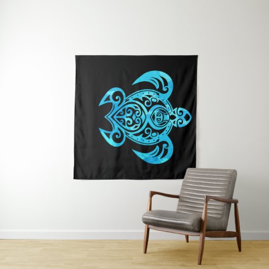 Ocean Blue Tribal Hawaiian Zee Turtle Wandkleed (In Situ (horizontaal))