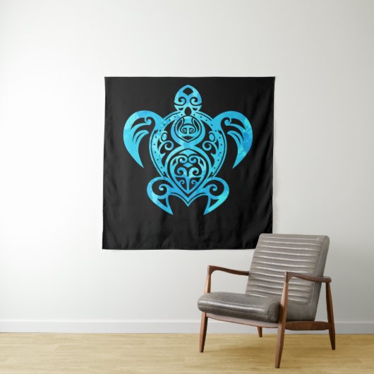 Ocean Blue Tribal Hawaiian Zee Turtle Wandkleed (In situ)