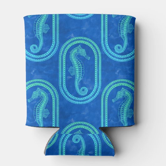 Ocean Blue Tribal Island Seahorse Blikjeskoeler (Achterkant)