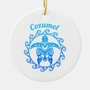 Ocean Blue Tribal Turtle Cozumel Keramisch Ornament