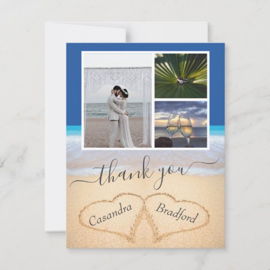 Ocean Blue Tropical Beach Hearts in Sand Wedding Bedankkaart (Voorkant)