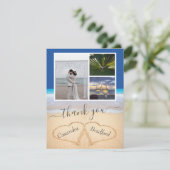Ocean Blue Tropical Beach Hearts in Sand Wedding Bedankkaart (Staand voorkant)