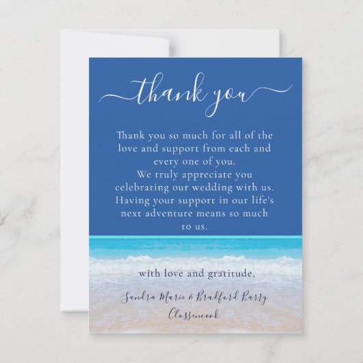 Ocean Blue Tropical Beach Hearts in Sand Wedding Bedankkaart (Achterkant)