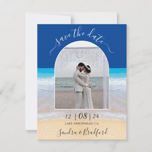 Ocean Blue Tropical Beach Photo Arch Save the Date Bedankkaart (Voorkant)
